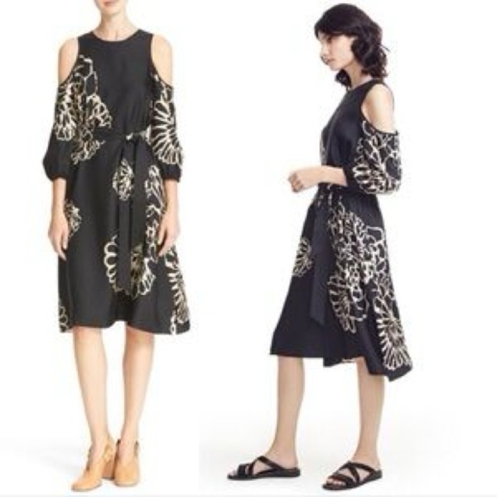 Tibi Orla Bloom Cold-shoulder Silk Midi Dress